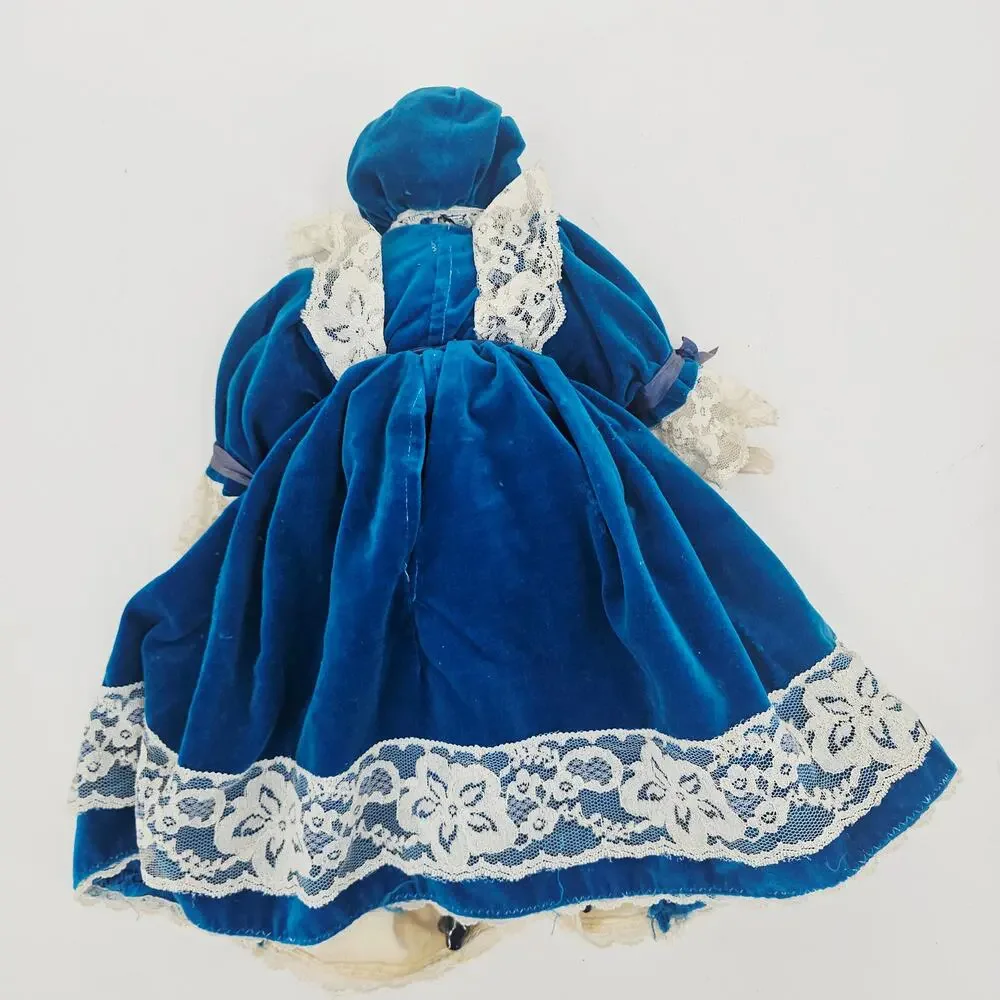 Rare Fine China Head Doll Blue Victorian Velvet & Lace Dress Circa 1980s 17